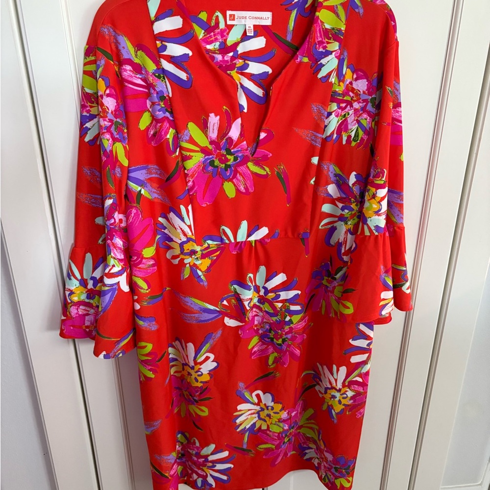 Jude Connally Orange Floral Shift Dress with Pink, Green & Blue Accents